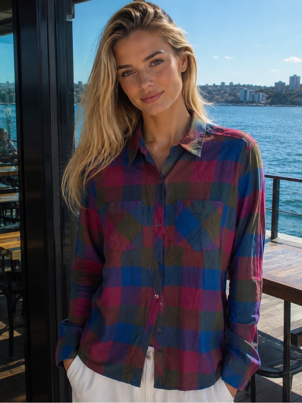 Natural Reflections Plaid Cotton Button-Up Shirt Burgundy Blue Olive Autumn Boho